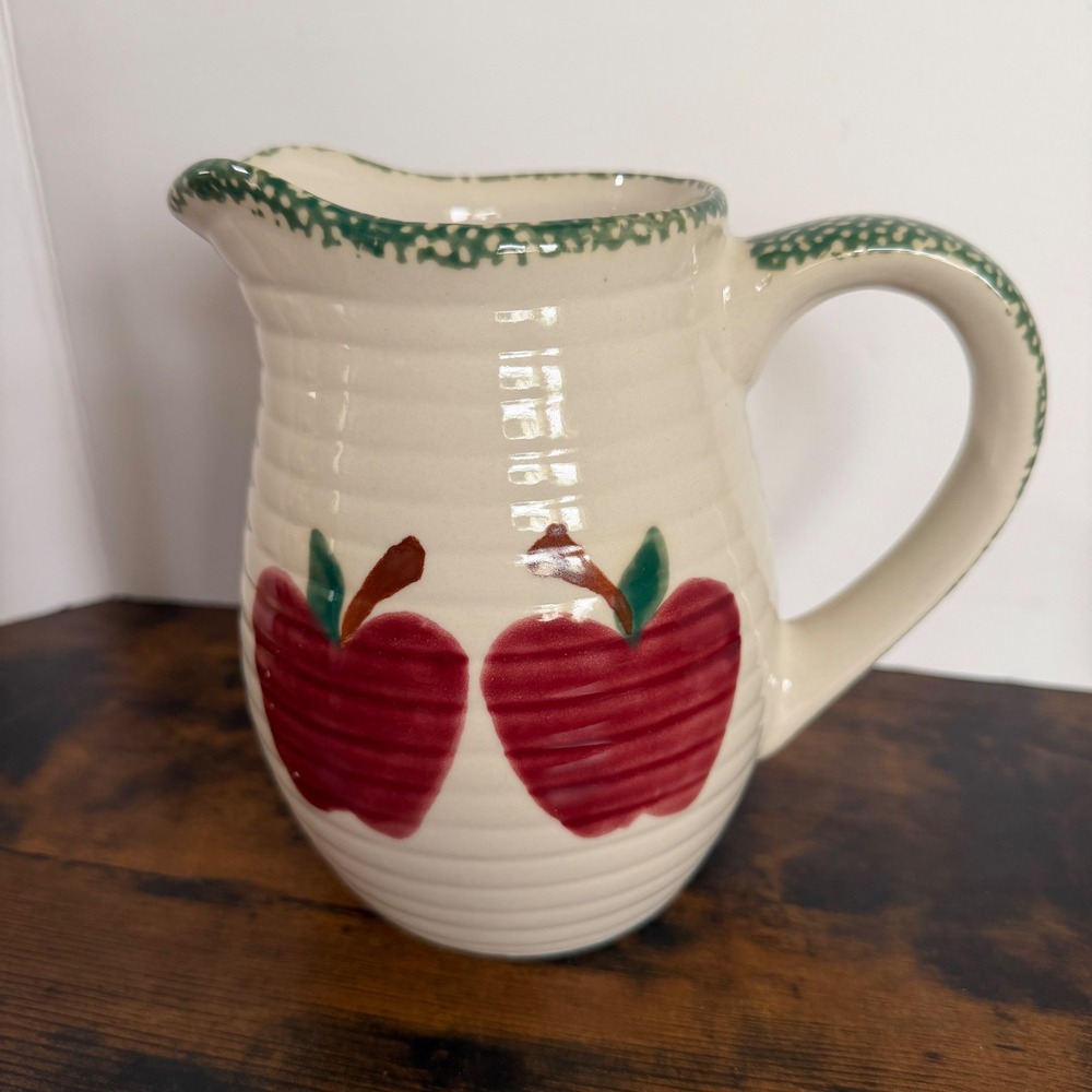 Alco Industries Apple Ceramic Pitcher Cream Green Farmhouse Stoneware Cottage